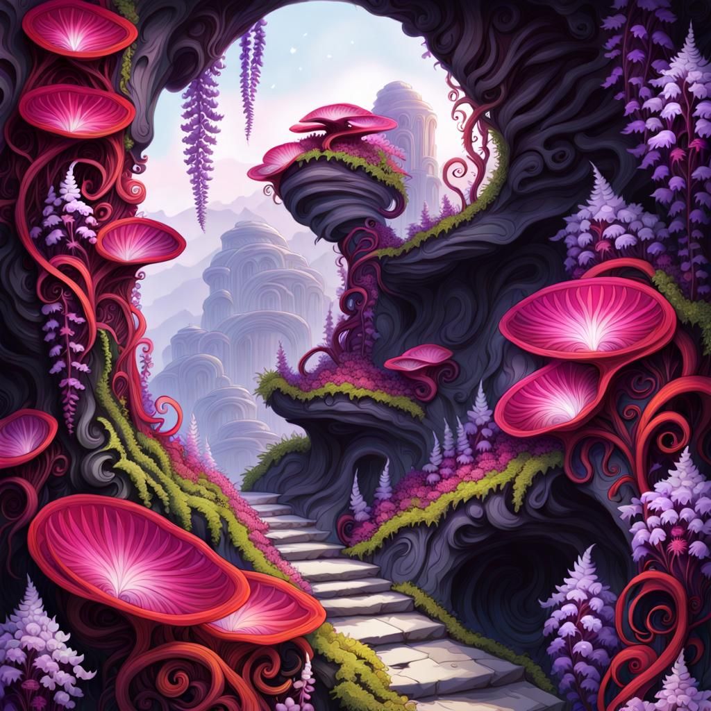 Fluorescent Fungi Landscape with Mythical Fairy Creatures