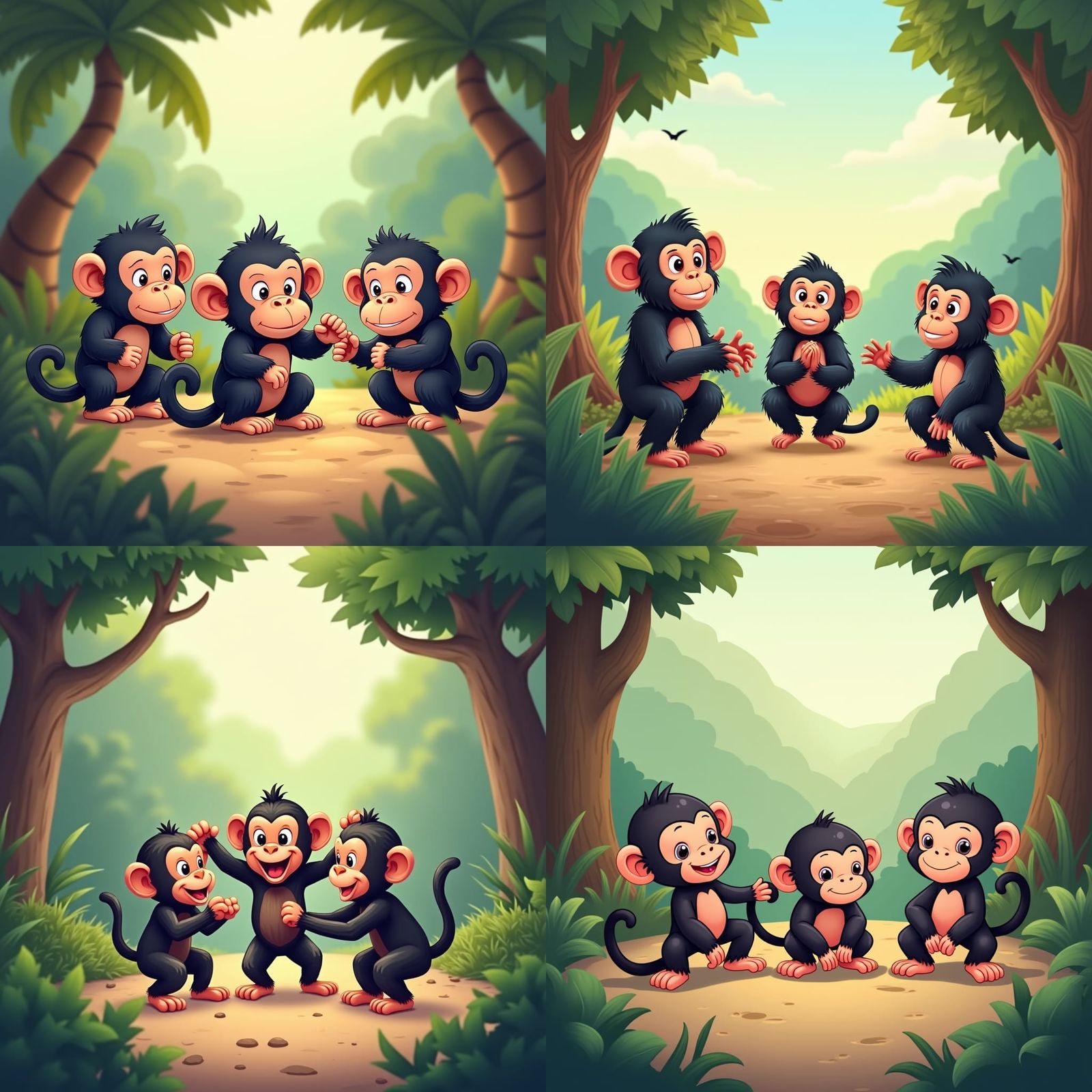 Cartoon Chimpanzees Play in Jungle Clearing