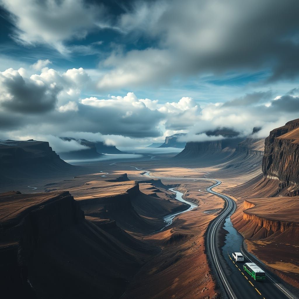 Epic Icelandic Road Winding Through Volcanic Wilderness