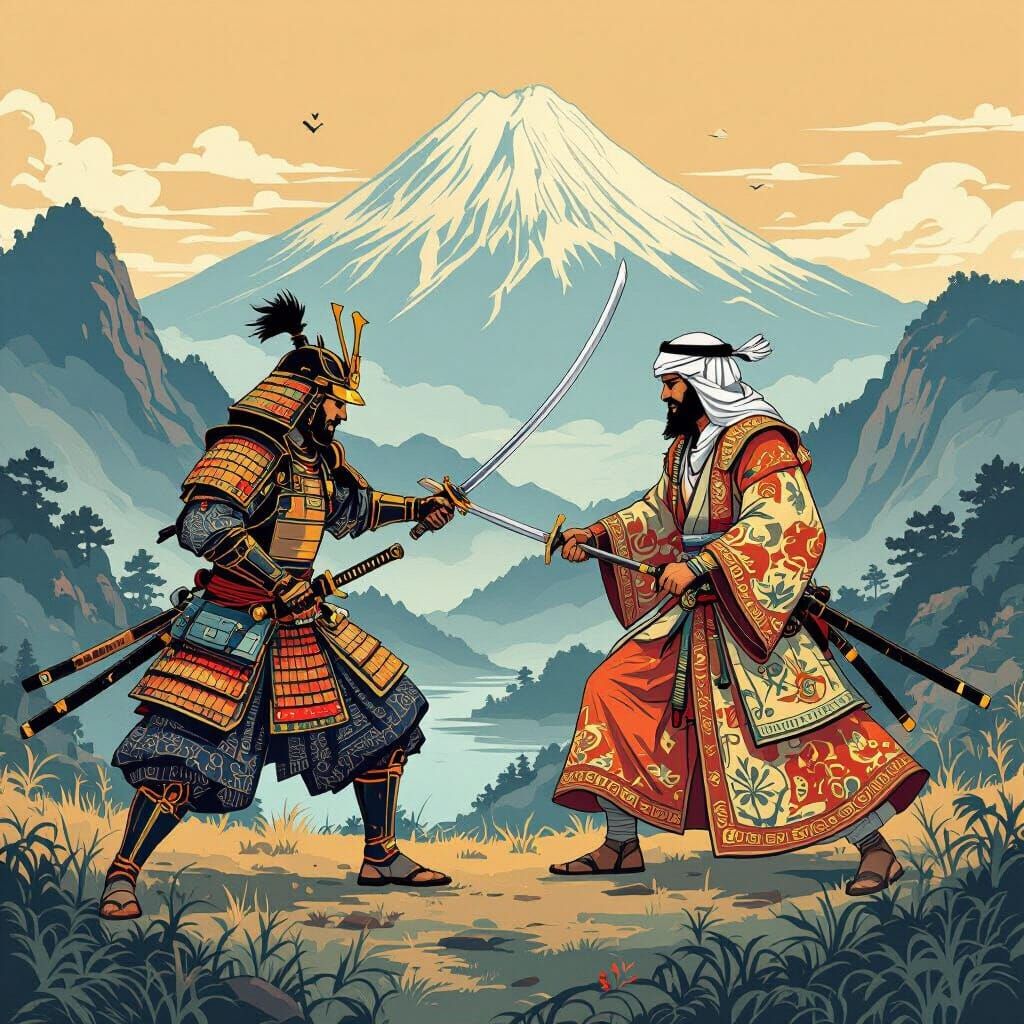 Samurai and Arab Warrior Clash in Asian Landscape