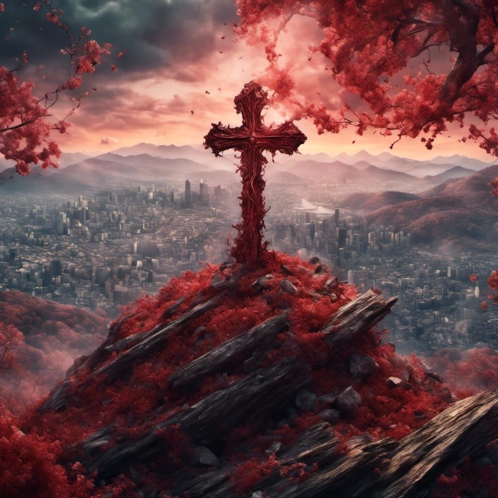 Red Wooden Cross on Mountain Top