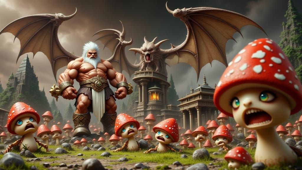 Barbarian Fights Demon Amidst Mushroom Companions