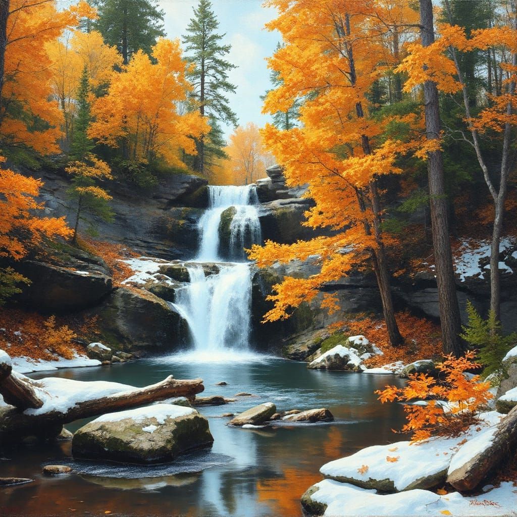 Michigan Waterfall in Early Winter, Oil Painting Style