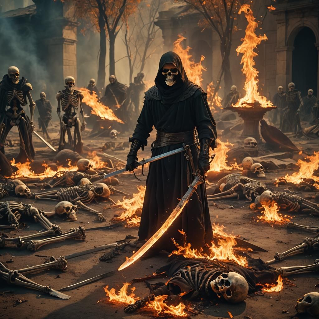 The Grim Reaper with Flaming Sword in Cinematic Scene