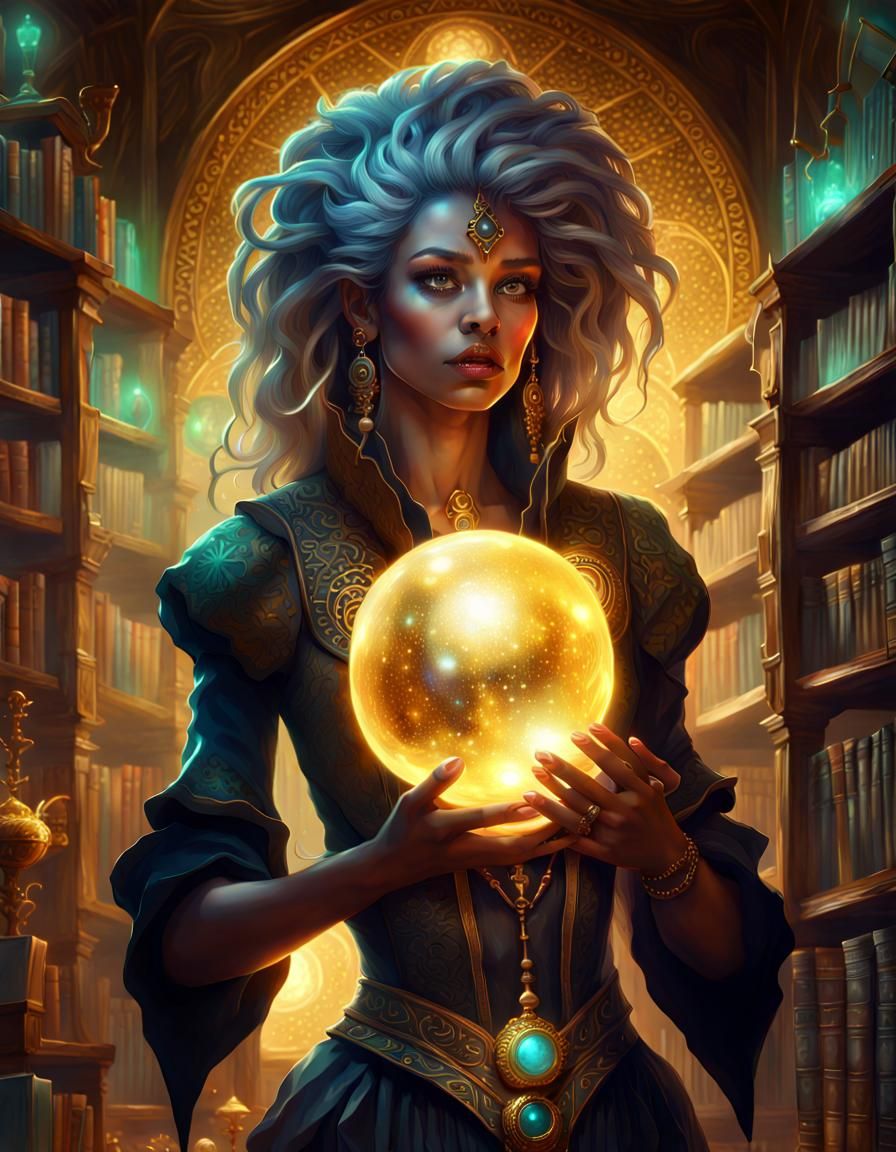 Fantasy Witch with Bioluminescent Sphere in Library