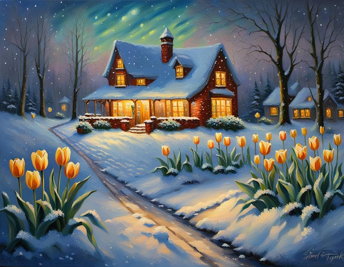 Snow Tulips at Night in Oil Painting Style