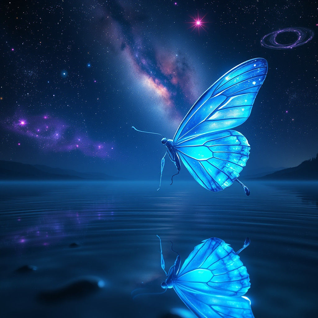 Luminescent Butterfly Soaring Above Serene Lake