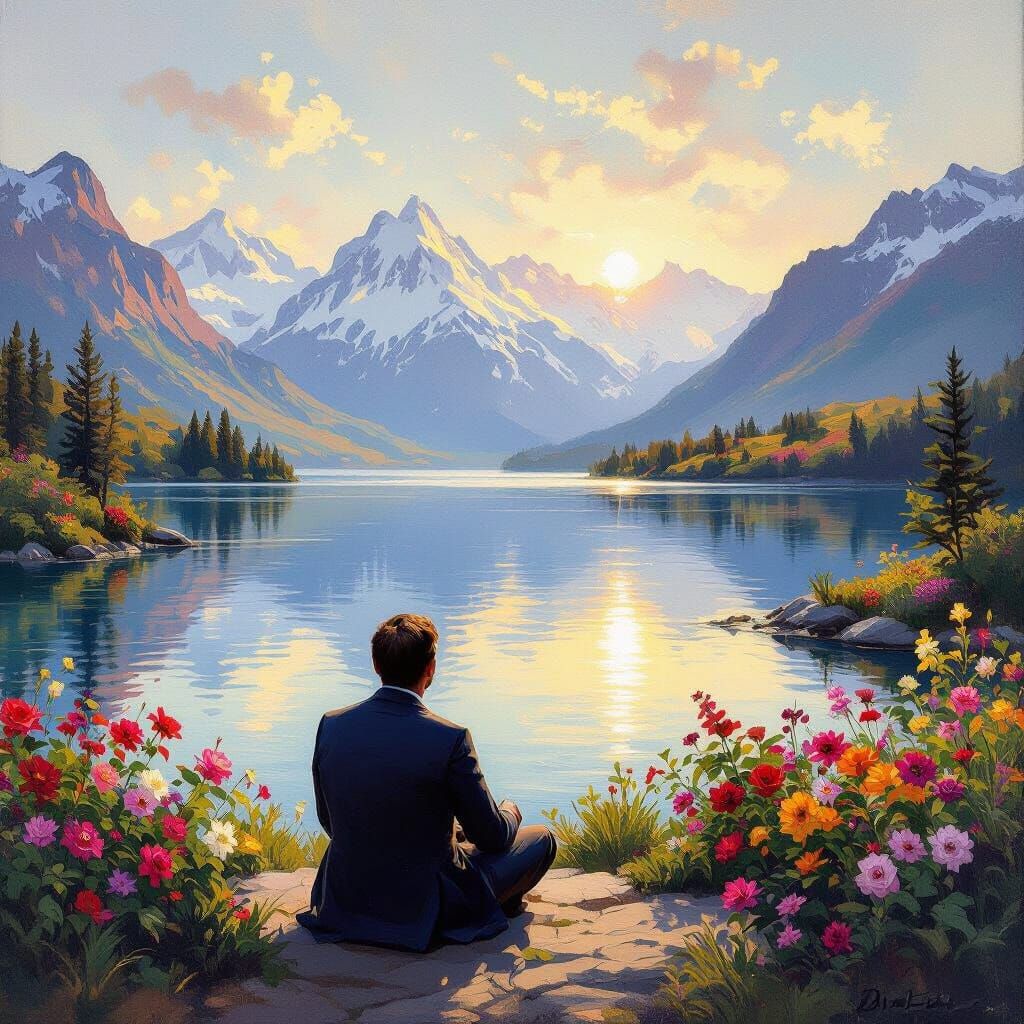 Man Gazing at Tranquil Mountain Lake Vista