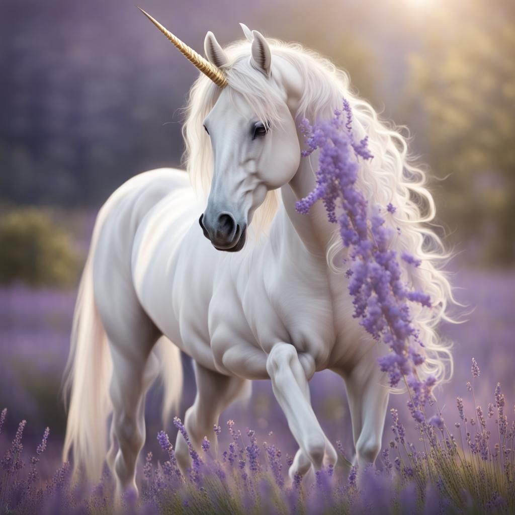 Lavender-Maned Unicorn Stallion in Hyperrealistic Photo