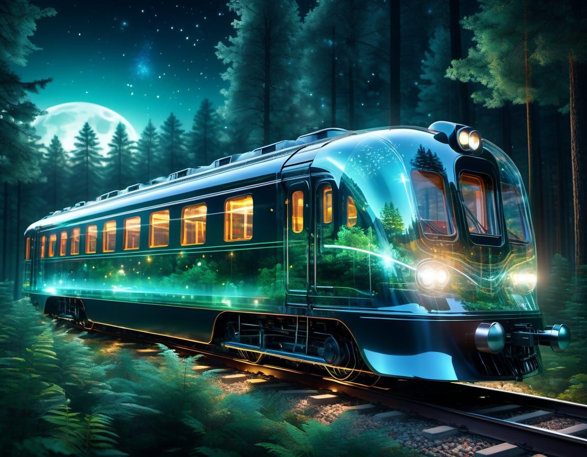Glass train in beautiful night forest