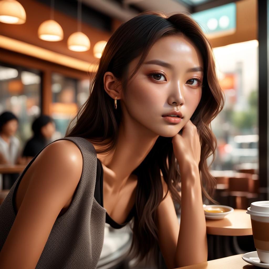Korean Supermodel in Cafe: Hyperrealistic Splash Art