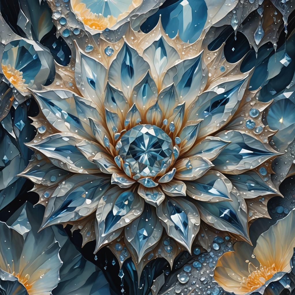 Diamond Flower Blooms in Moon Cave: Surreal Oil Painting
