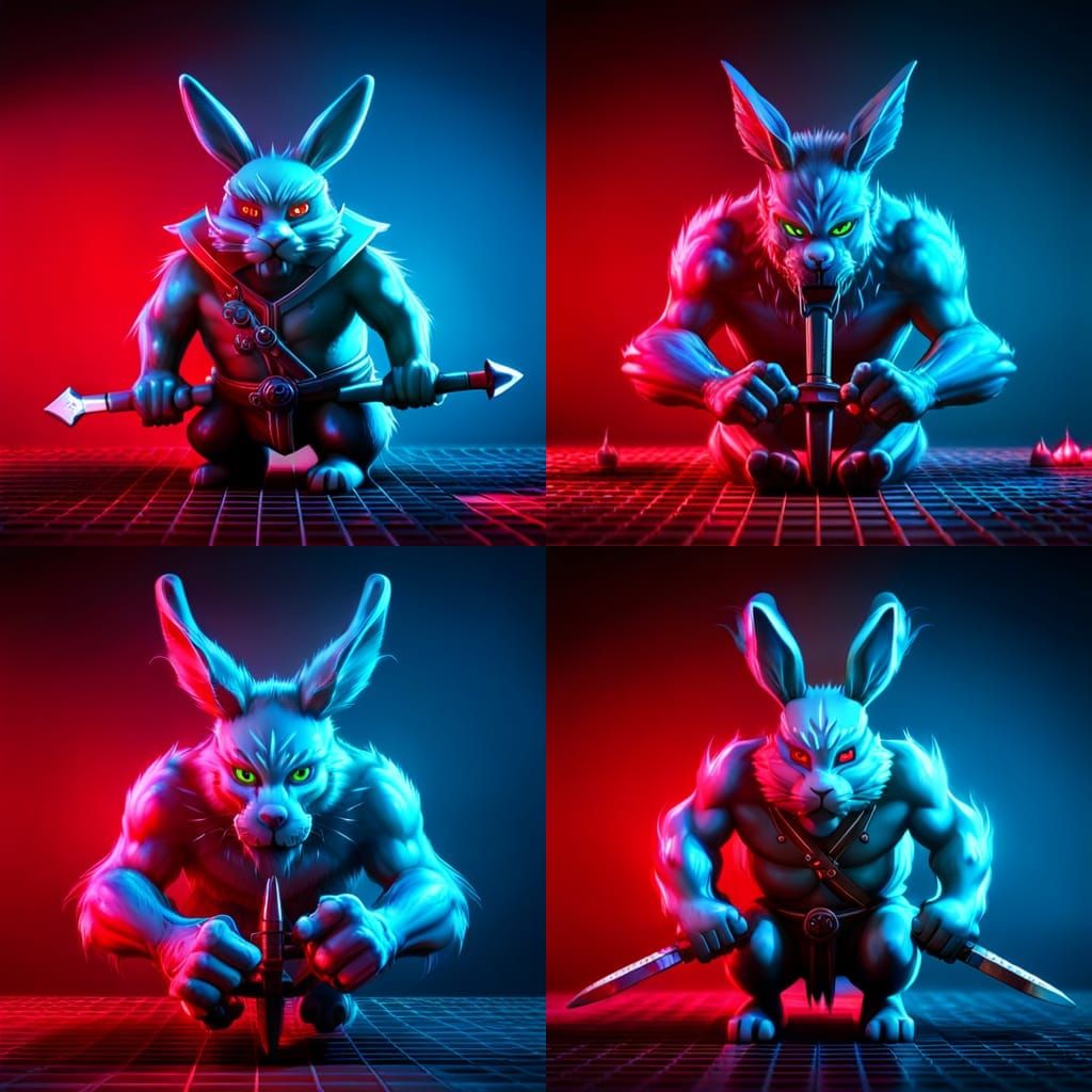 Furry Neon Rabbit Ninja with Swords, UHD Render