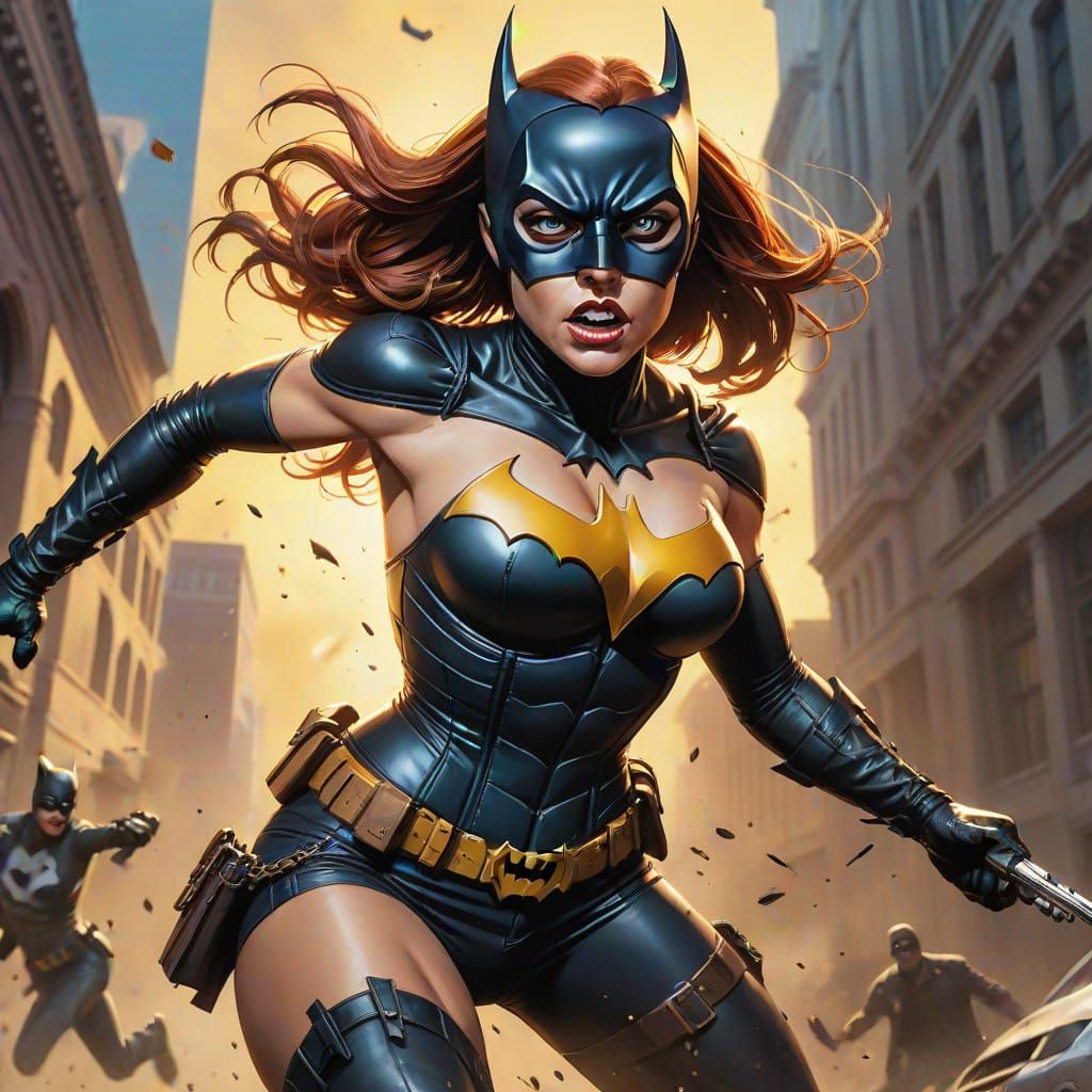 Hyperrealistic Batgirl Chases Bank Robber in Splash Art Styl...
