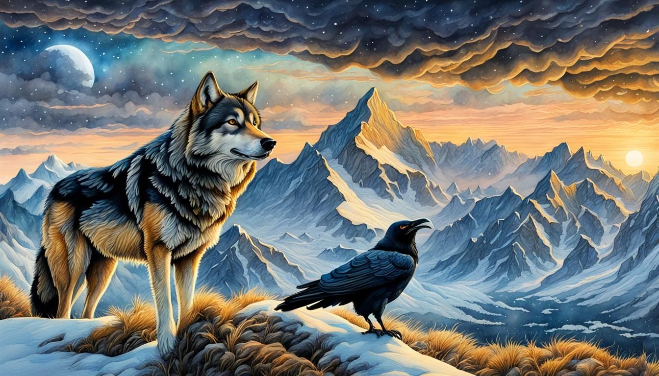 Wolf and Raven in Twilight Watercolor Painting