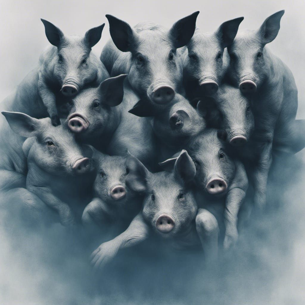 Eerie Pig Séance on Stage, Close-Up Portrait