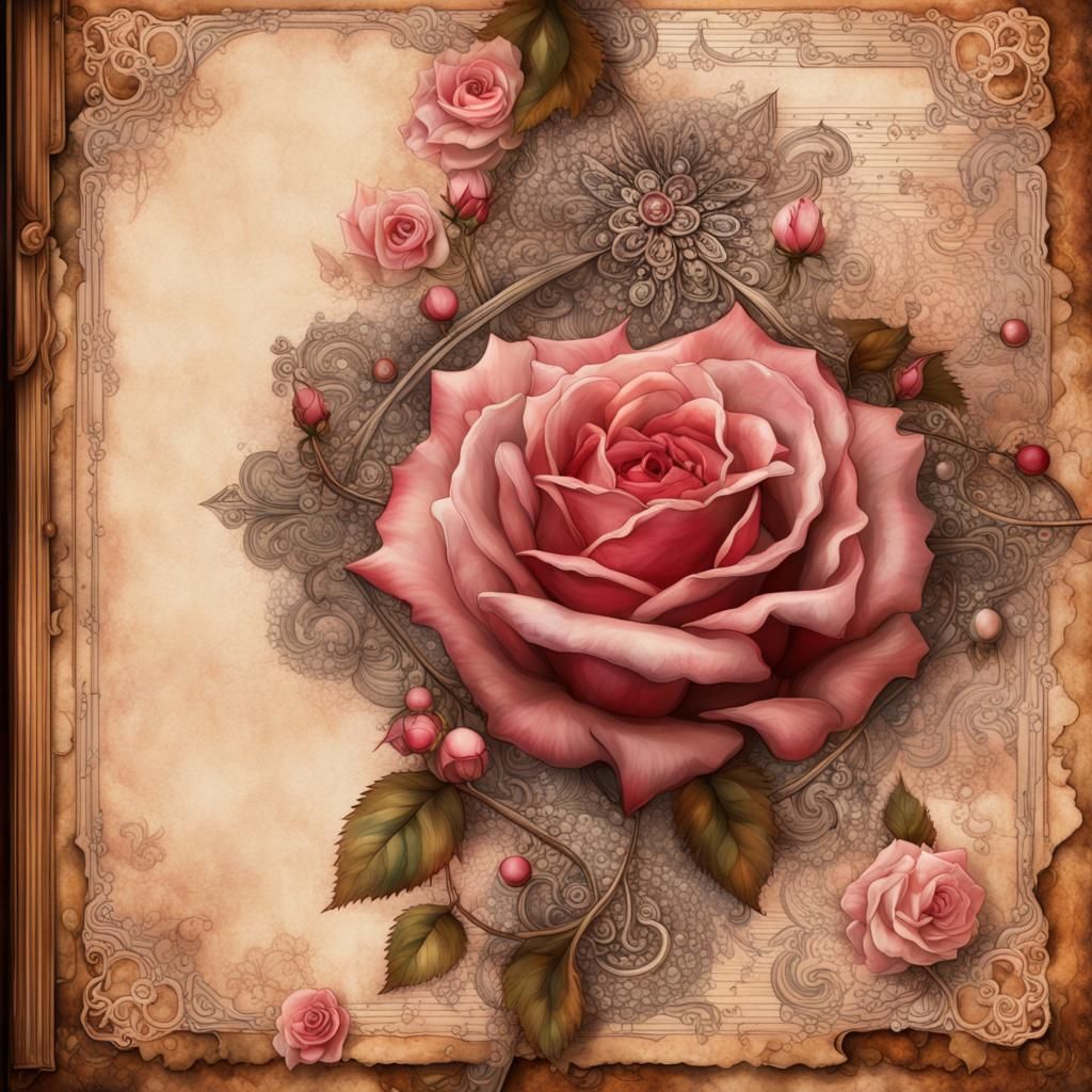 Steampunk Roses on Vintage Journal Page in Watercolor