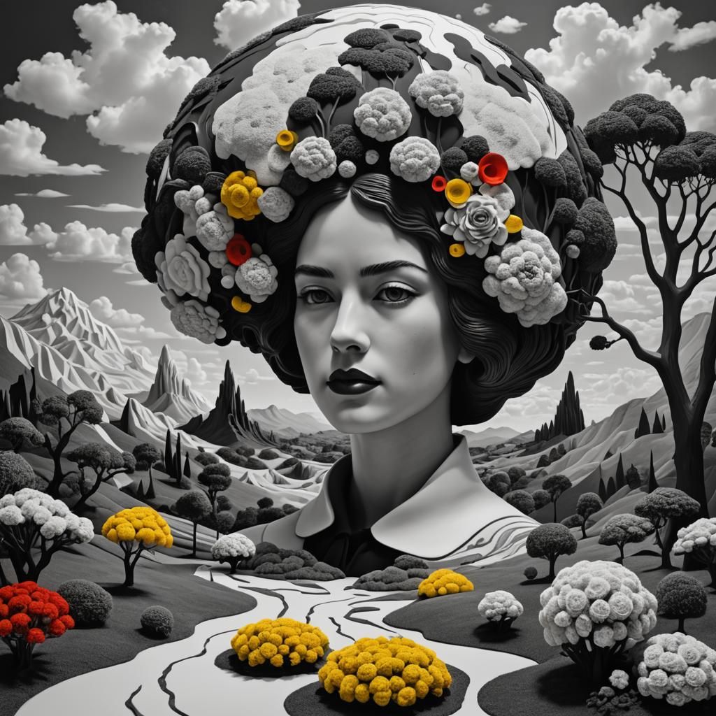 Surreal Floral Dreamscape Portrait in Primary Colors