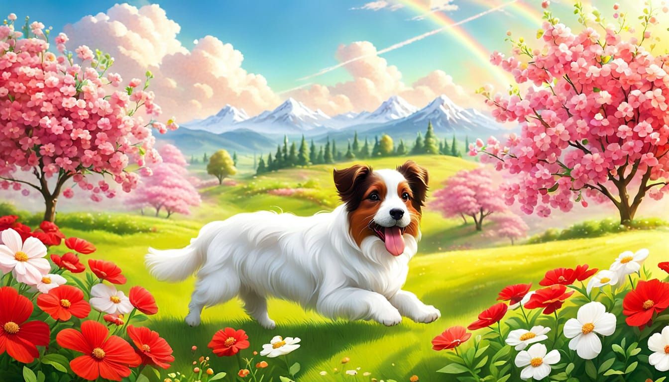 Whimsical Landscape with Dog and Flowers