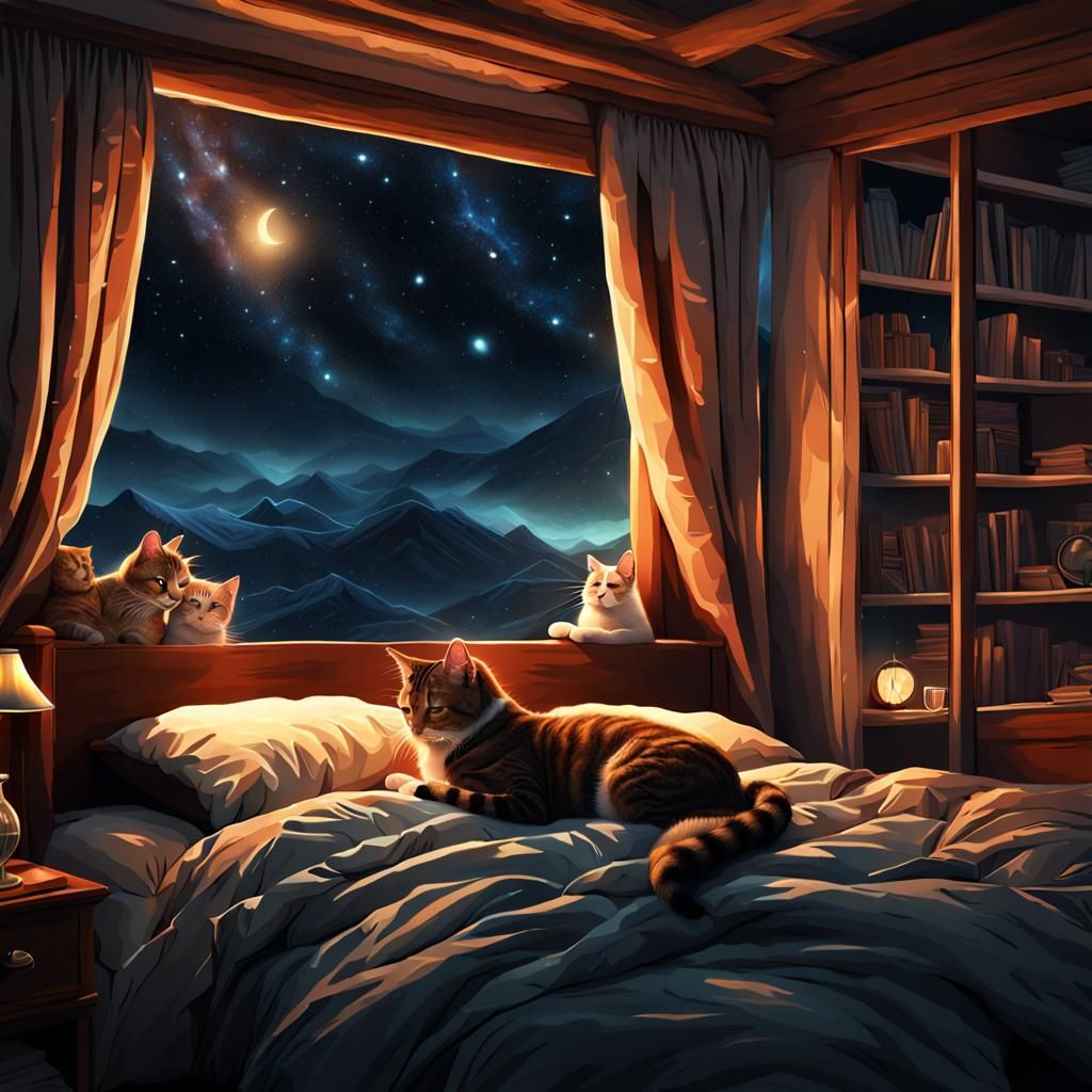 Couple Cuddling with Cat Under Starry Sky