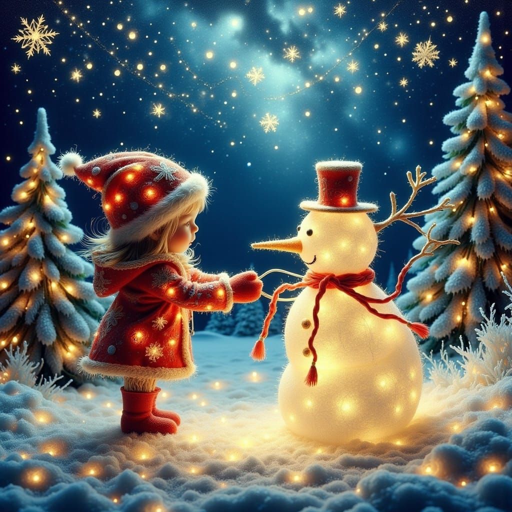 Child Builds Glowing Snowman as Impasto Oil Painting