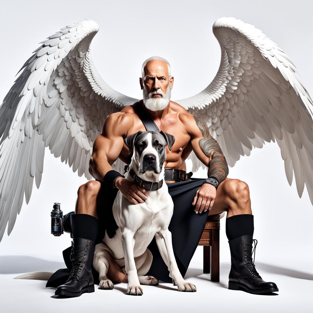 Muscular Winged Man with Great Dane, Photorealistic Render