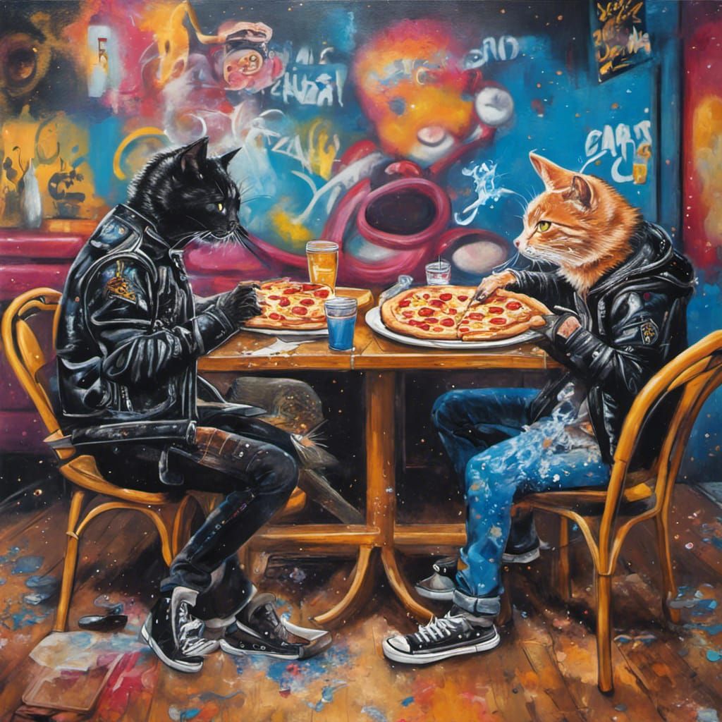 Cat and Dog Enjoying Pizza in Graffiti Art Style