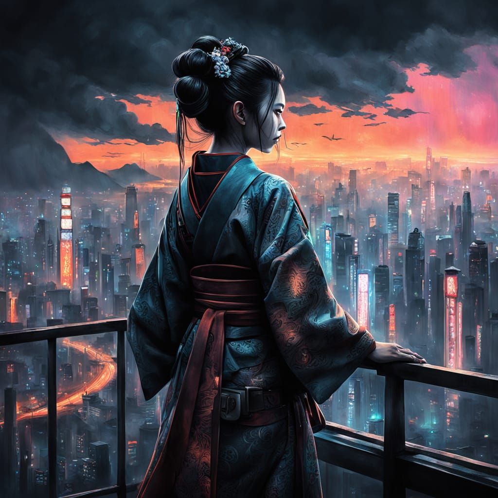 Cyberpunk Geisha Warrior Over Neon Cityscape