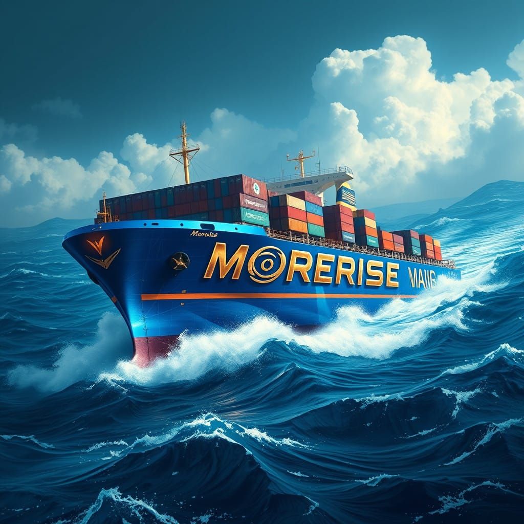 Gleaming Cargo Ship Sails Through Turbulent Ocean in Electri...