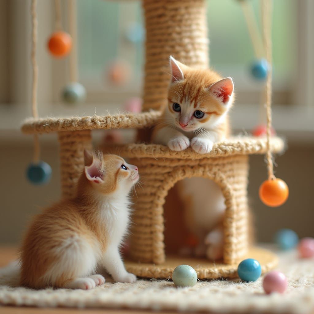 Tiny Cats Play on Toothpick Cat Structure
