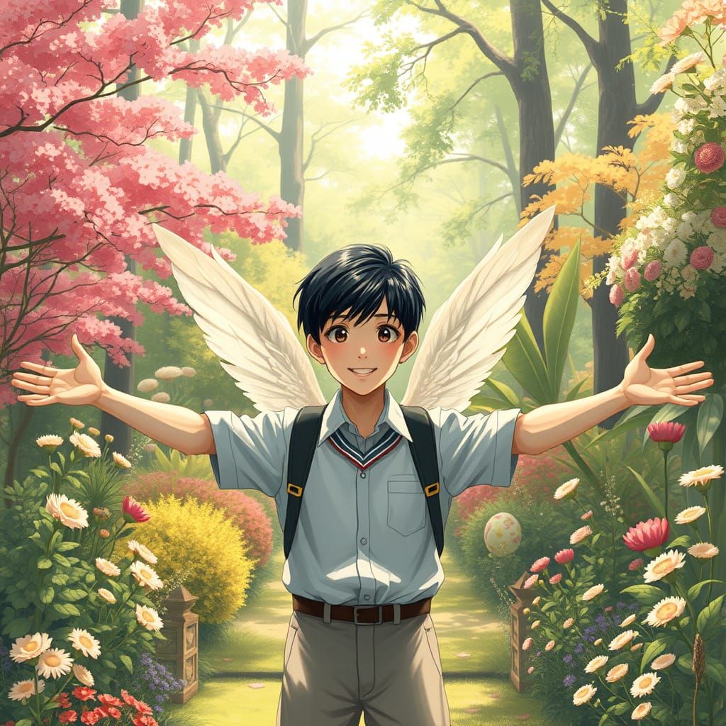 Charming Teen Boy with Wings in Whimsical Garden