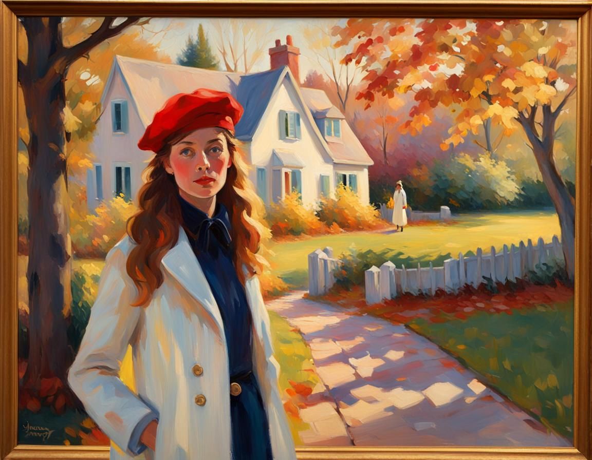 Impressionist Woman in Autumn Garden Oil Painting