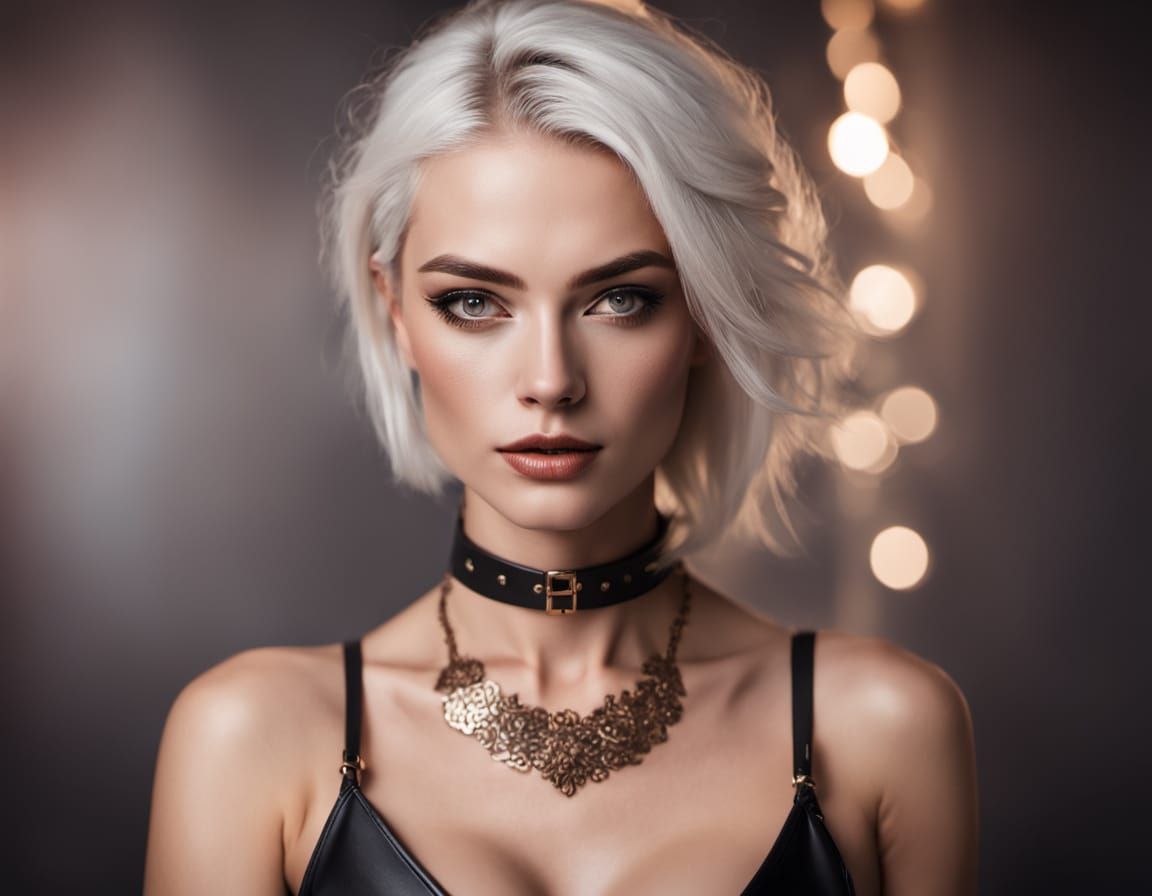 Glamorous Young Woman with Tattoos and White Hair