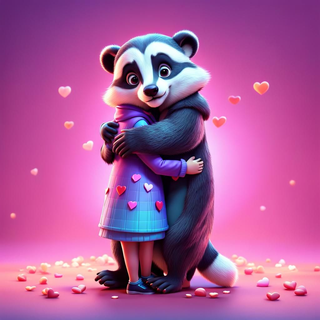 Badger Hugs Girl: Comforting 3D Digital Art