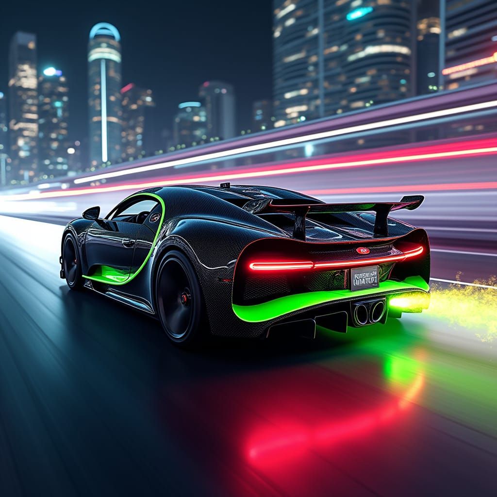 Bugatti Chiron Speeding Down Neon Highway in Futuristic Styl...