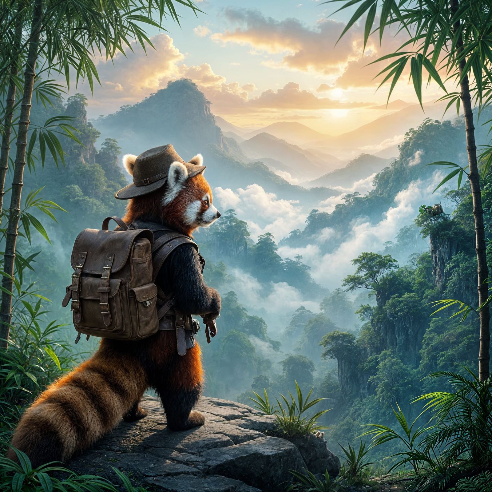 Red Panda Explorer in Misty Bamboo Jungle at Dawn