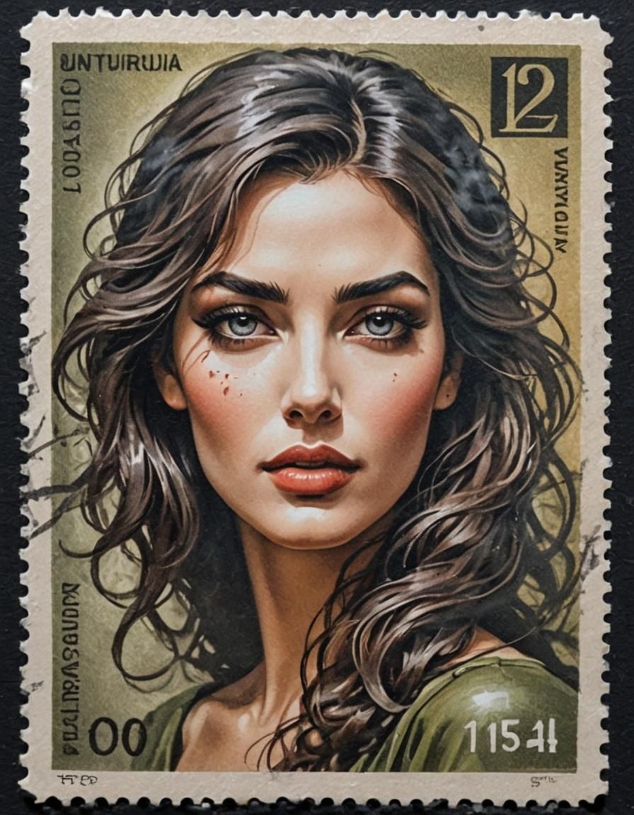 Attractive Woman on Colorful Postal Stamp