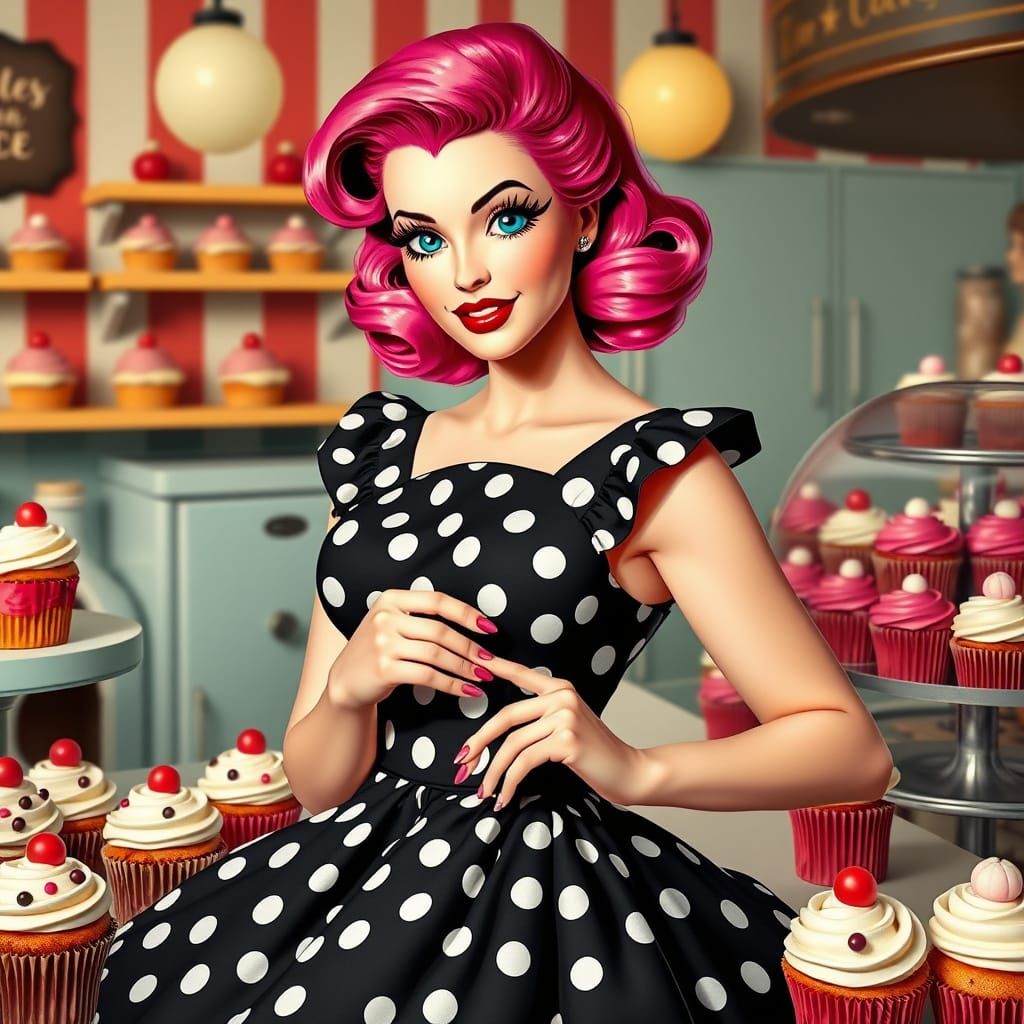 Retro Pin-Up Girl with Polka Dot Cupcakes