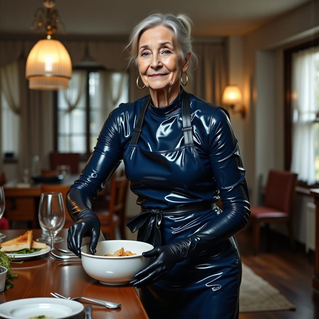 Elegant Woman in Metallic Catsuit Clearing Table