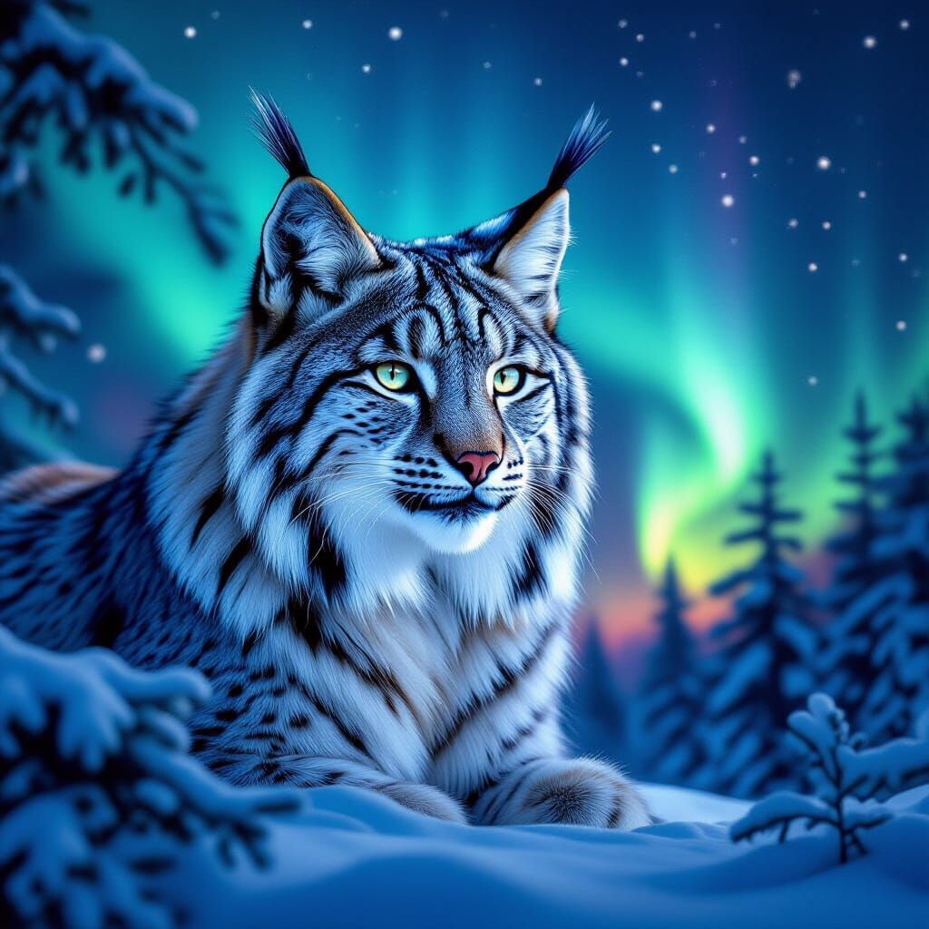 Majestic Lynx Under Aurora Borealis in Double Exposure Style