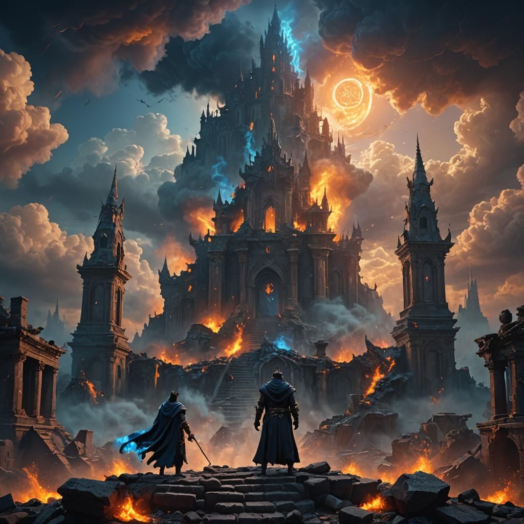 Dark Sorcerer Triumphant in Ruined Fantasy Realm