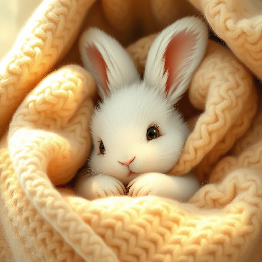 Whimsical Bunny in Cozy Bed, Inspired by Beatrix Potter