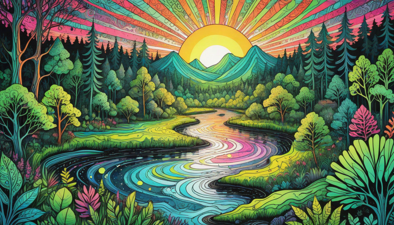 Vibrant Sunrise Over Fluorescent River in Wild Forest