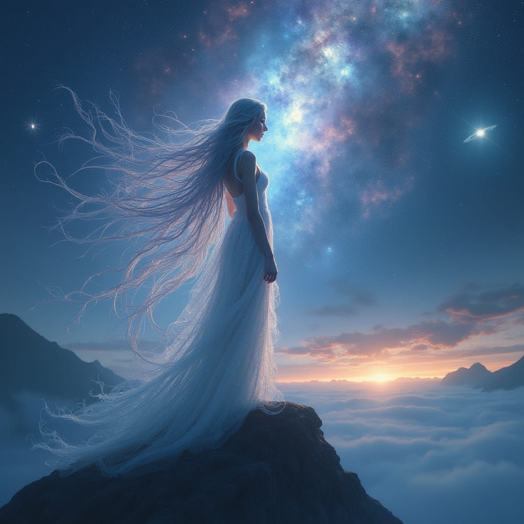 Celestial Goddess with Iridescent Hair in a Galactic Landsca...