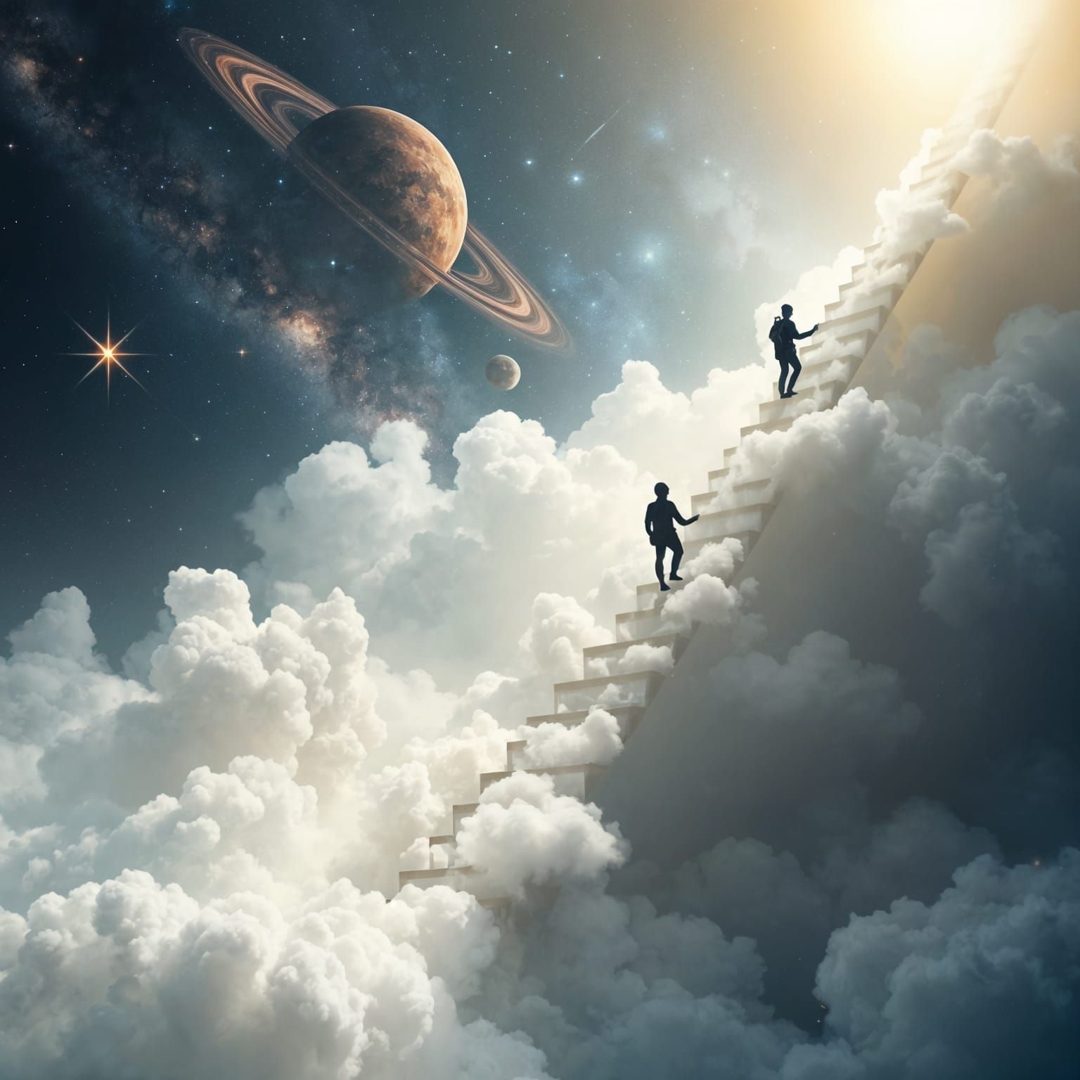 Cosmic Ascent: Silhouette Exploring Celestial Cloud Playgrou...