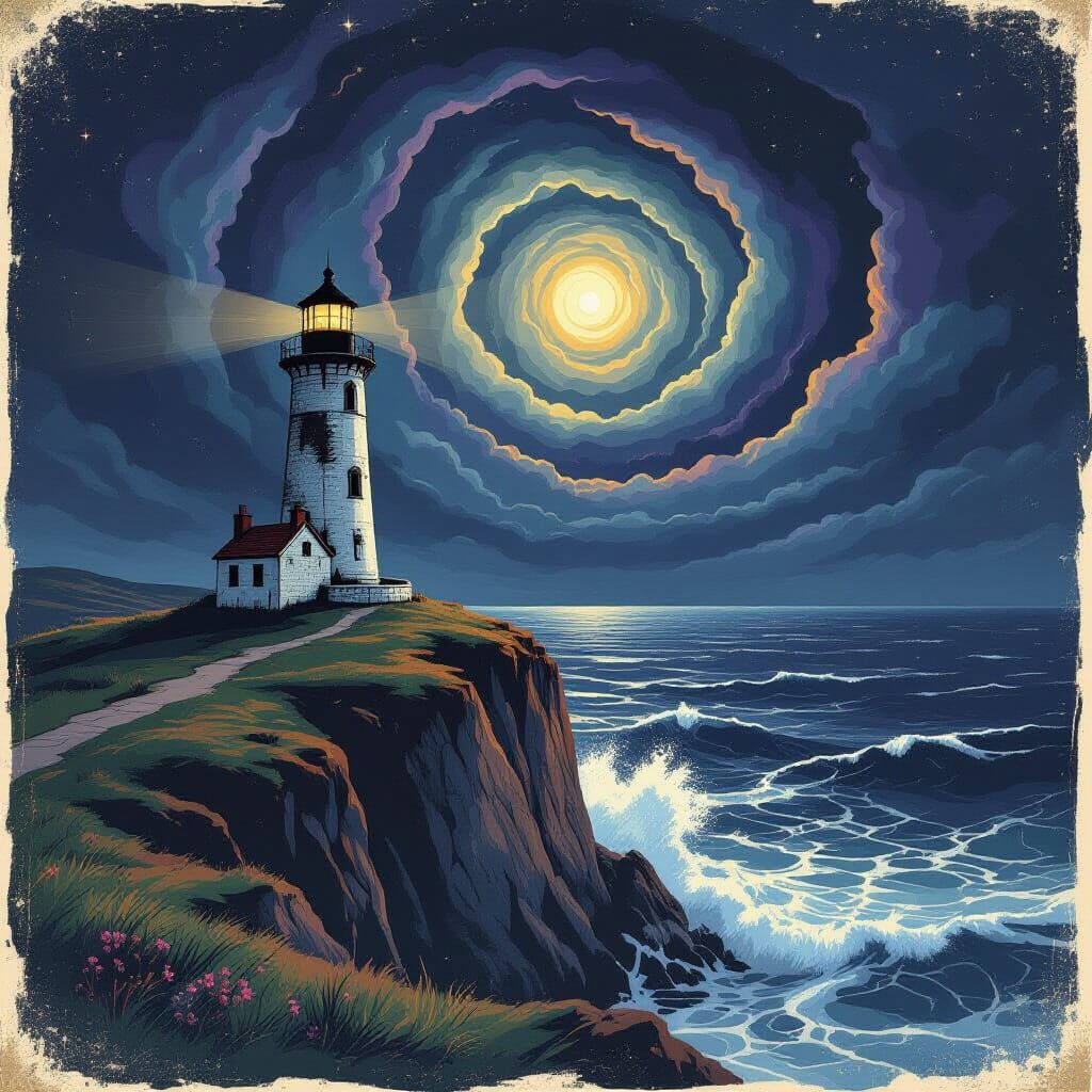 Lighthouse on Jagged Cliff Overlooking Stormy Sea