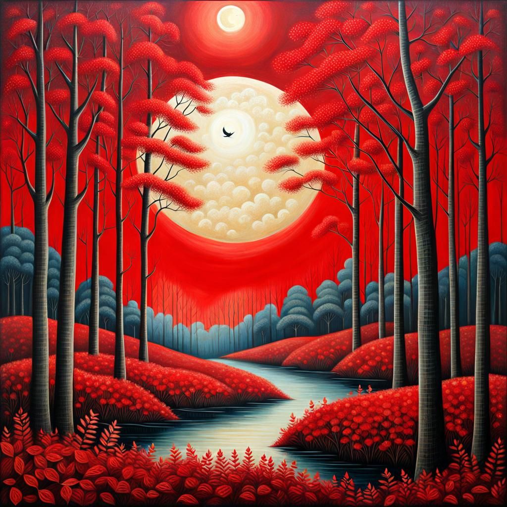 Red Forest in Moonlight, Art Brut Style