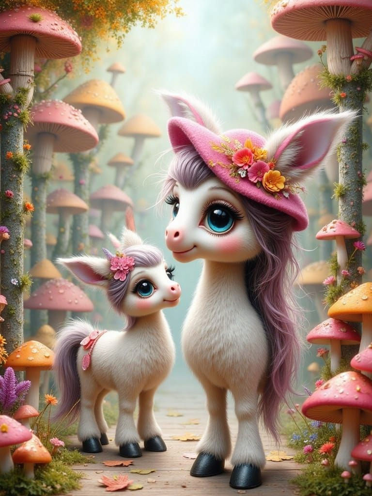 Cuddly Plush Horses in a Colorful Mushroom City