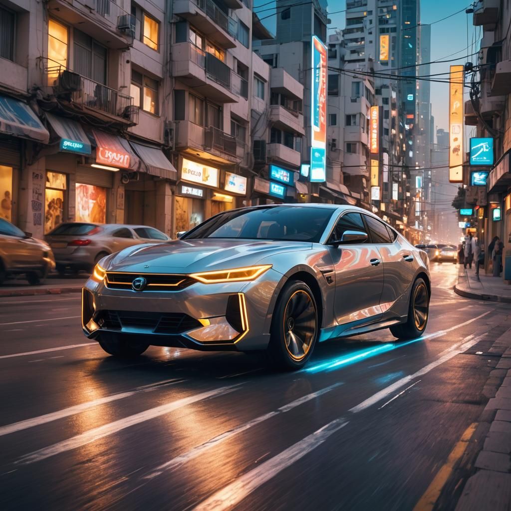 Futuristic Vehicle Speeds Through Neon-Lit Tel Aviv