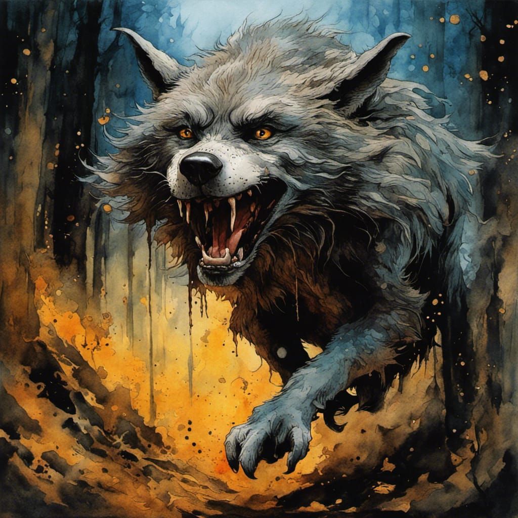Leaping Werewolf in Watercolor Style